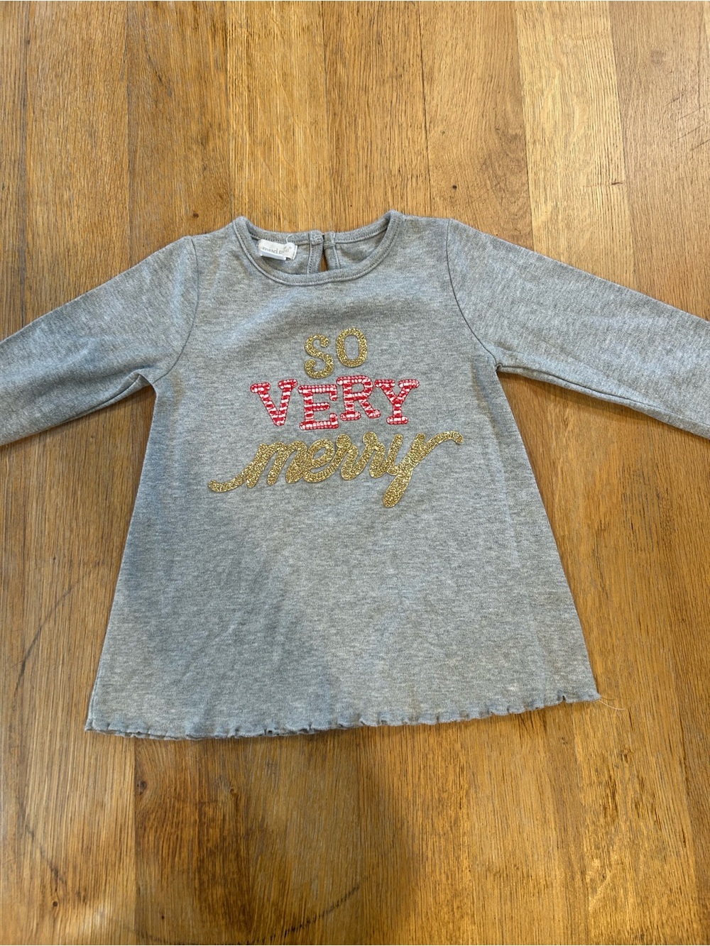 Mud Pie Gray Long-Sleeve Tee with Gold and Red Sequin Text